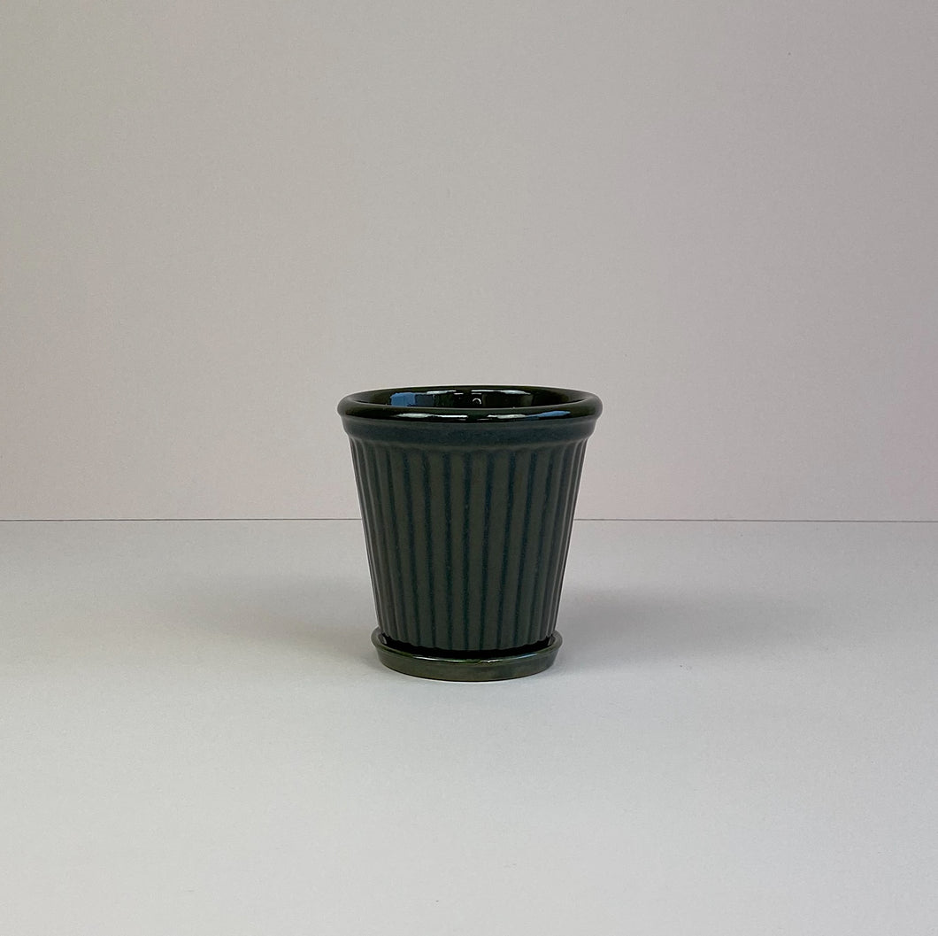 Small Ribbed Pot & Saucer Dark Green