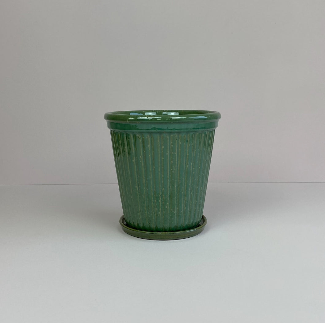 Large Ribbed Pot & Saucer Green