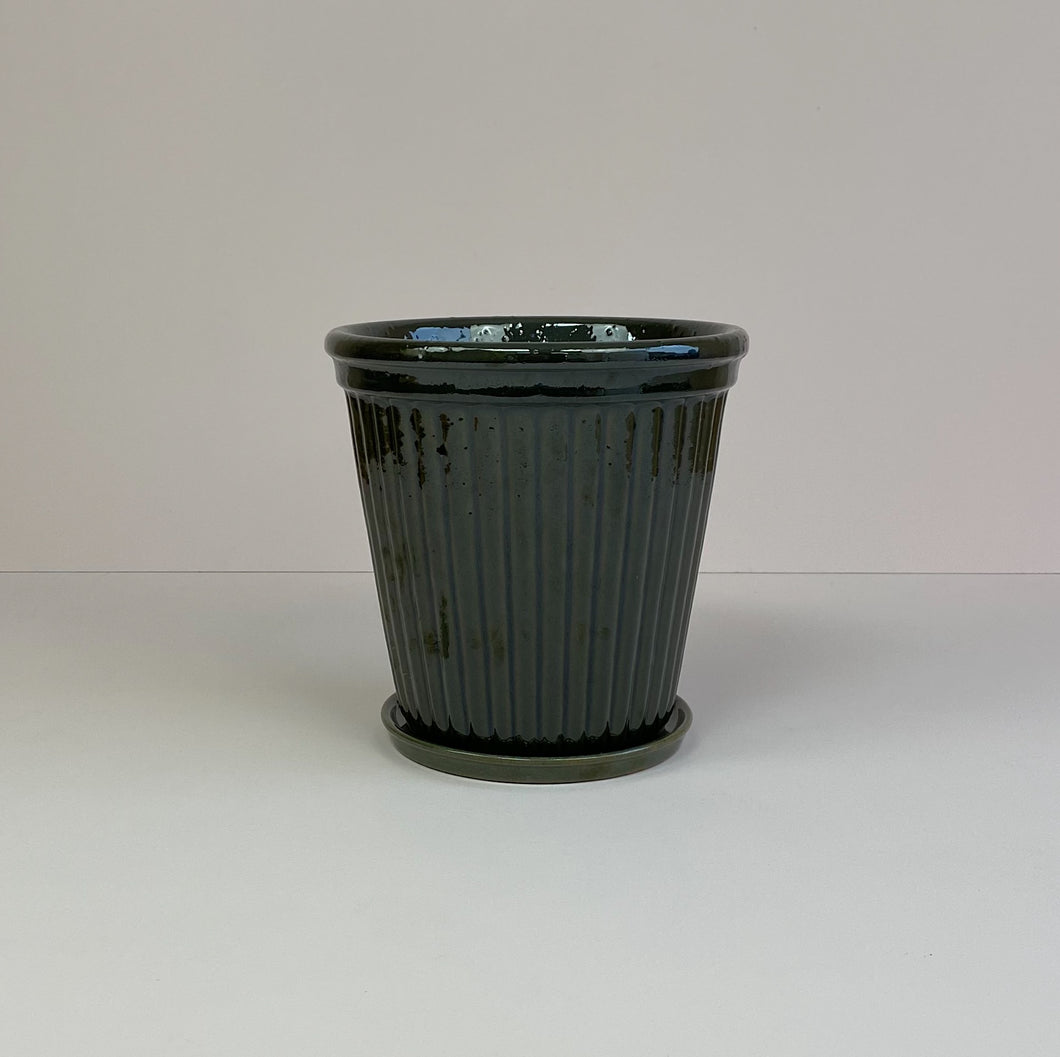 Large Ribbed Pot & Saucer Dark Green