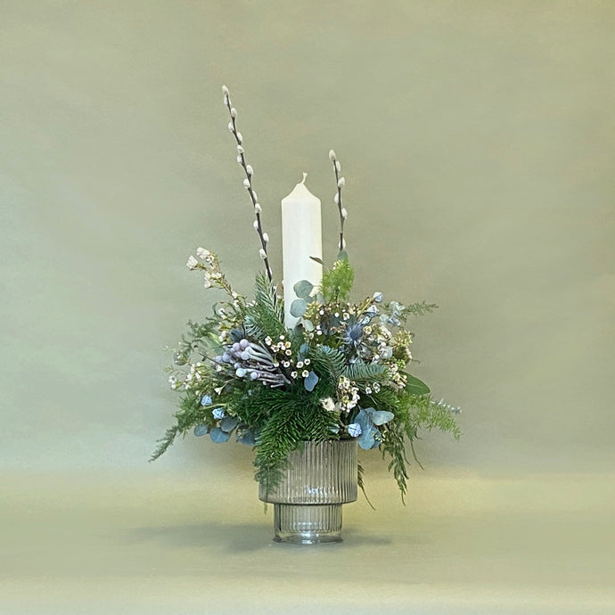 White Christmas Arrangement with Pillar Candle