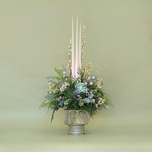 White Christmas Arrangement with 3 Dinner Candles
