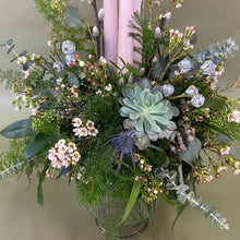 White Christmas Arrangement with 3 Dinner Candles