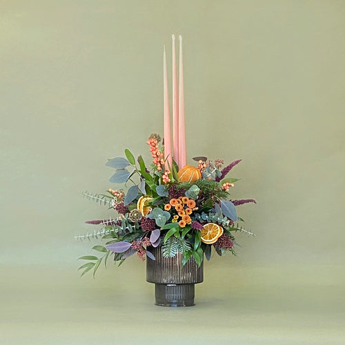 Christmas Pudding Arrangement with 3 Dinner Candles