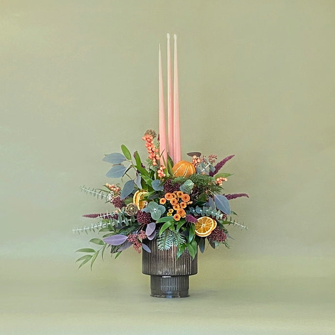 Christmas Pudding Arrangement with 3 Dinner Candles