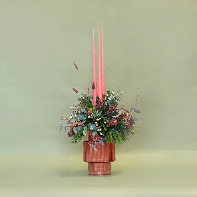 Christmas Day Arrangement with 3 Dinner Candles