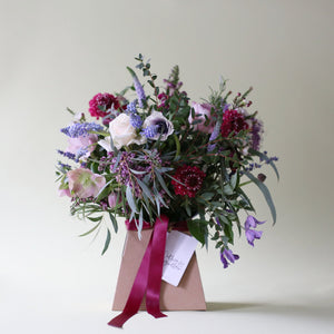 A Catkin & Pussywillow favourite combination bringing all of the colours and scents of an English Country Garden into your mum’s home. Created with memory lane & double cream vendella roses mixed with rosemary, lavender & mint along with clematis, ranunculus, hellebore, astrantia roma, lilacs, strawberry scabious, veronica, muscari & waxflower.